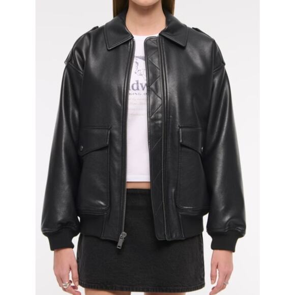 Abercrombie & Fitch Black Vegan Leather Oversized Bomber Jacket Size Large - Picture 1 of 5